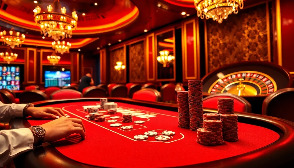 topclub casino atmosphere with poker table and roulette wheel illuminated in luxury