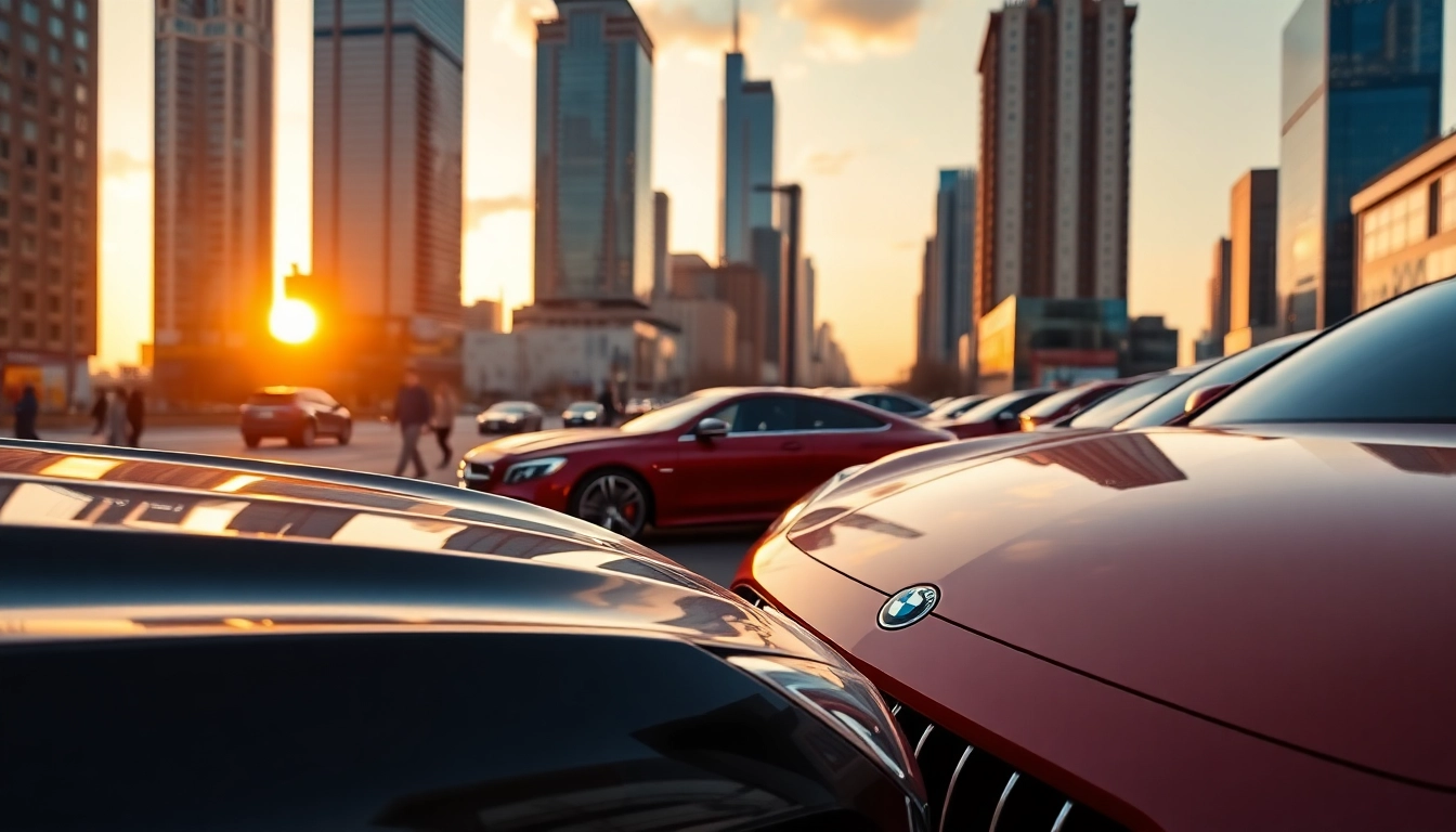 Showcasing Ashley cars in a vibrant cityscape at sunset, emphasizing luxury and elegance.