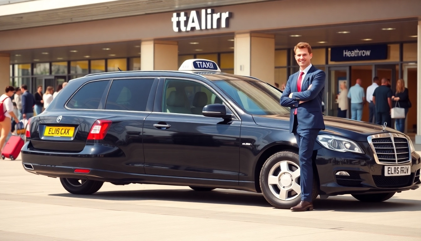 Taxi service at Heathrow airport with a friendly driver beside a sleek black cab.