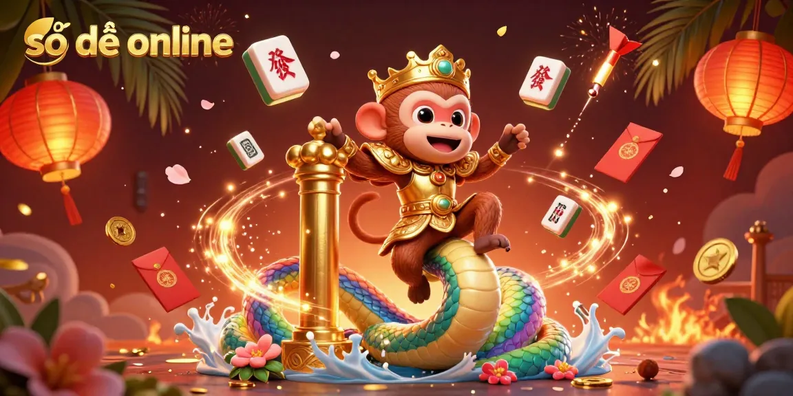 Experience the vibrant fun of số đề online with a playful monkey king and a rainbow serpent in a dynamic casino illustration.