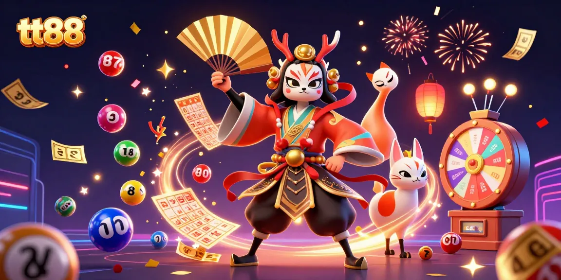 Engaging tt88 online casino scene featuring kabuki warrior and vibrant lottery elements.