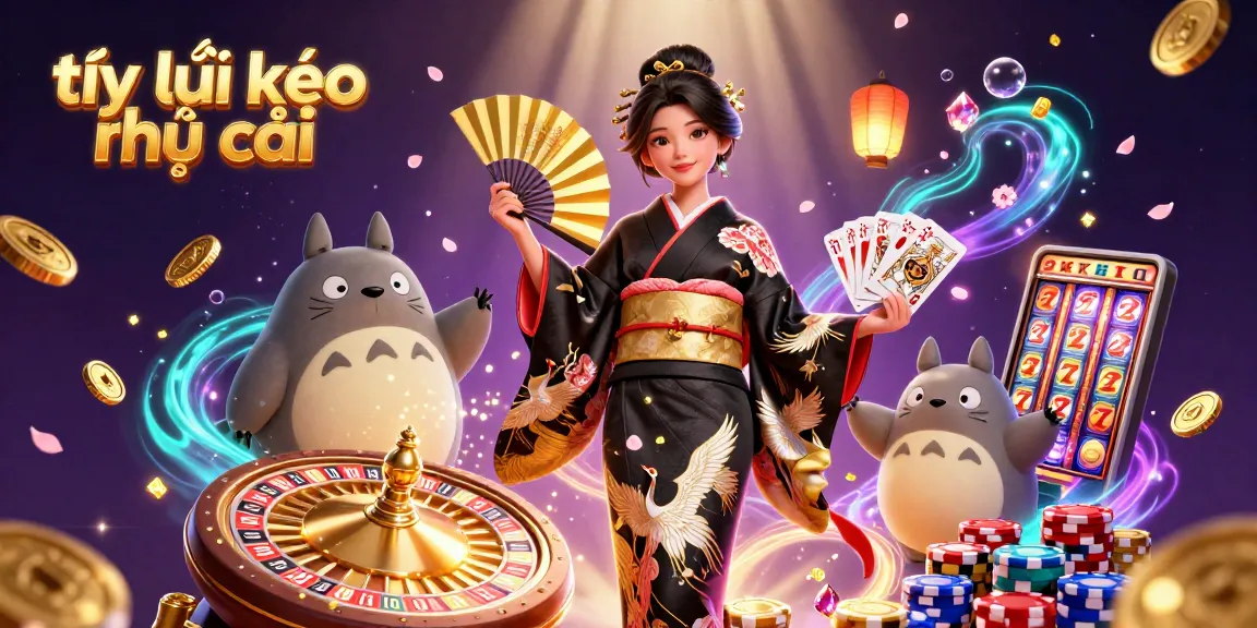 Engage with tỷ lệ kèo nhà cái in vibrant 3D art illustrating an Asian woman and a tanuki amidst casino elements.