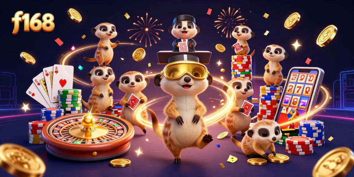 Experience thrilling gaming action at f168 with meerkats running a vibrant casino.