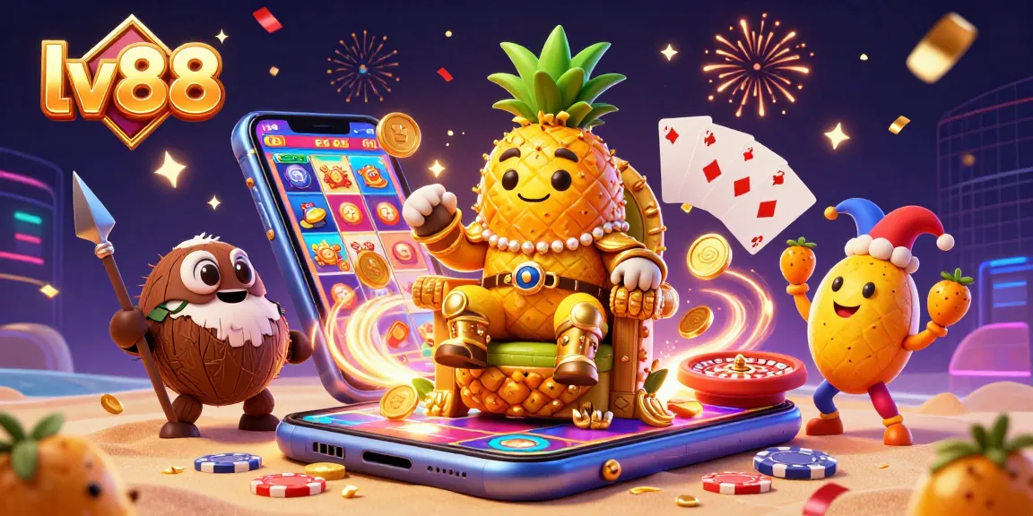 Experience the thrill of gaming at lv88, highlighted by animated casino royalty, colorful slots, and lively decorations.