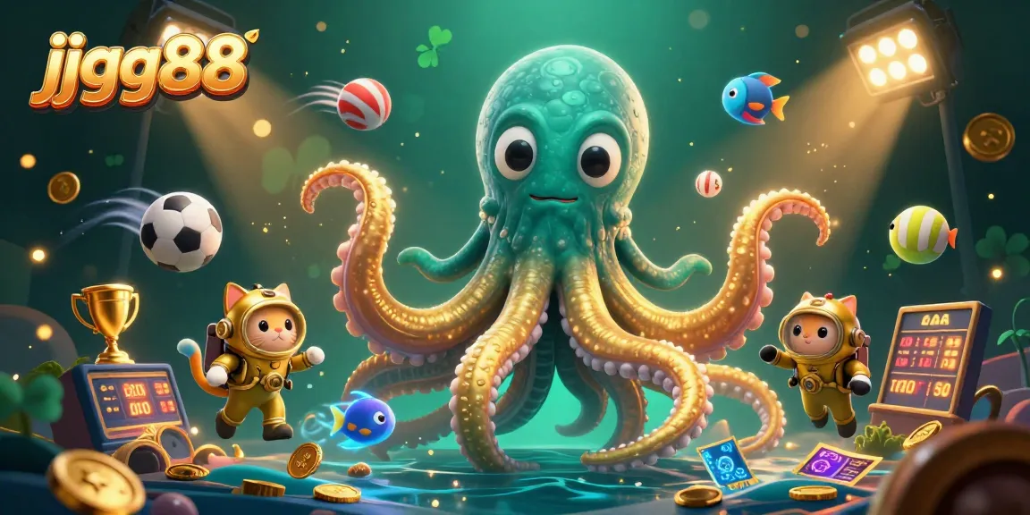 Engage in thrilling betting adventures with JJGG88 as a kraken, diving cat, and glowing fish celebrate in a treasure-filled ocean.