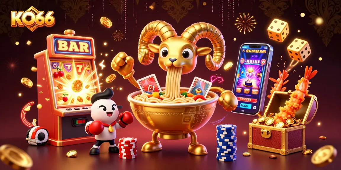KO66’s giant ramen bowl is dealing cards amidst a slot machine jackpot explosion, showcasing vibrant casino excitement.