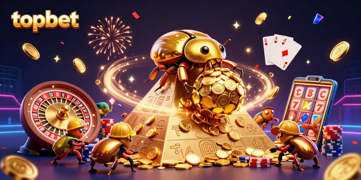 Experience exciting bets with topbet as golden beetles roll coins up a pyramid.