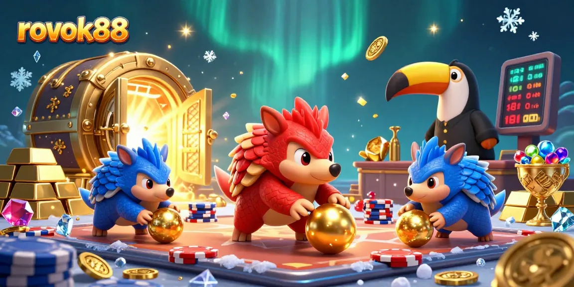 Engage in thrilling gameplay with rokok88's vibrant cartoon pangolins amid a treasure-filled casino scene.
