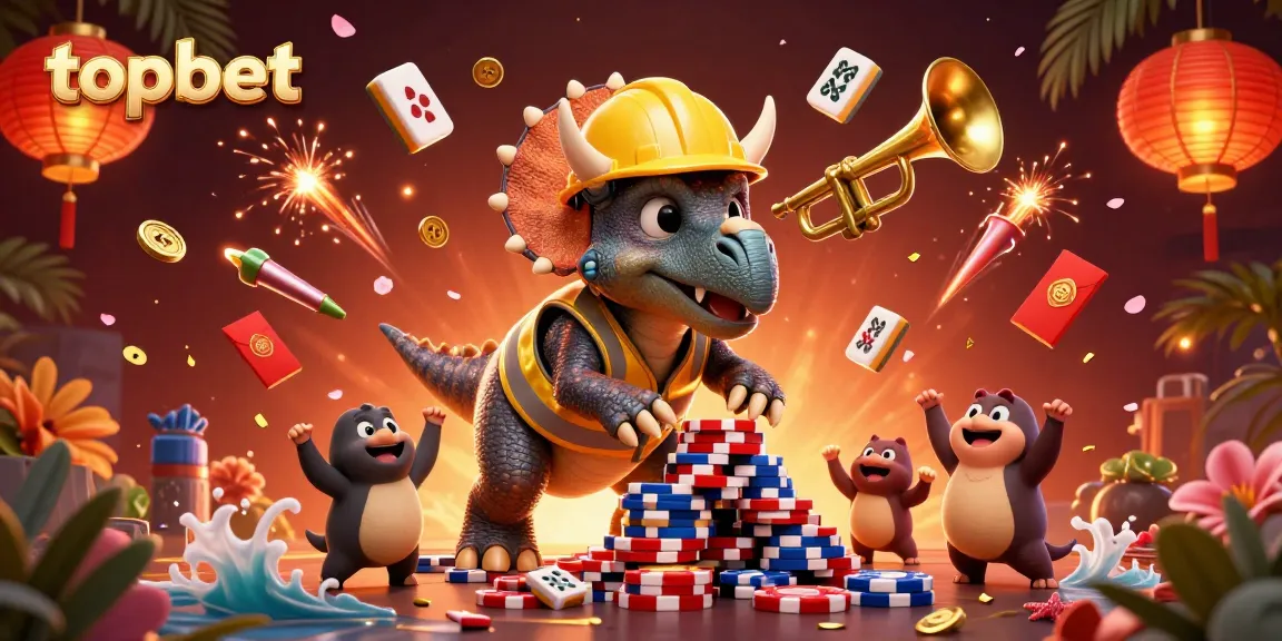 Engage with topbet’s thrilling gaming world as triceratops builds poker chips amidst festive celebration.