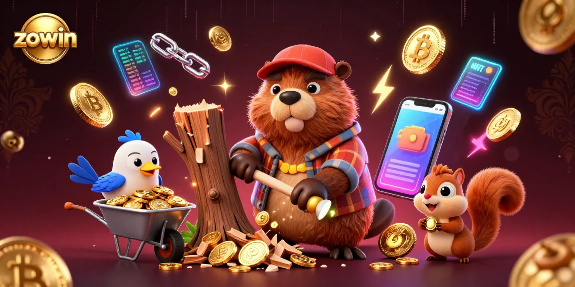 Engage with zowin: A cartoon beaver and friends celebrating a jackpot with flying coins.