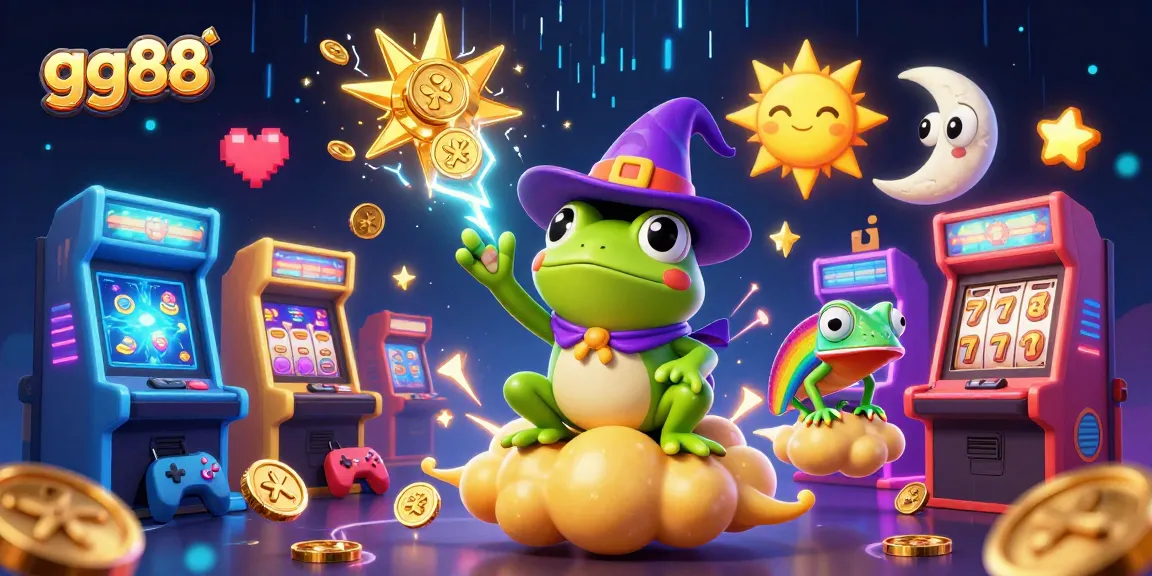 Win big with gg88 featuring a wizard frog and chameleon in a storm of coins.