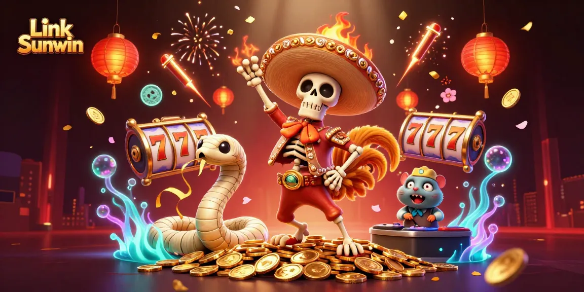Win big with Link Sunwin in this vibrant 3D casino scene featuring dancing characters and exciting game elements.