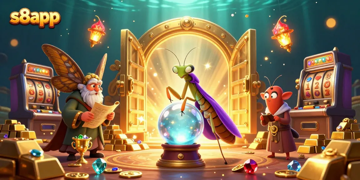 S8app showcases an enchanting scene with casino elements, featuring a fortune teller and treasure surrounding players.