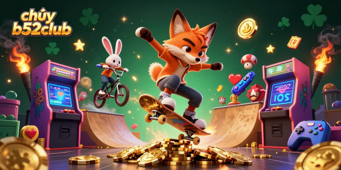 Join the excitement and chơi b52club with vibrant 3D cartoon gaming characters and casino symbols.