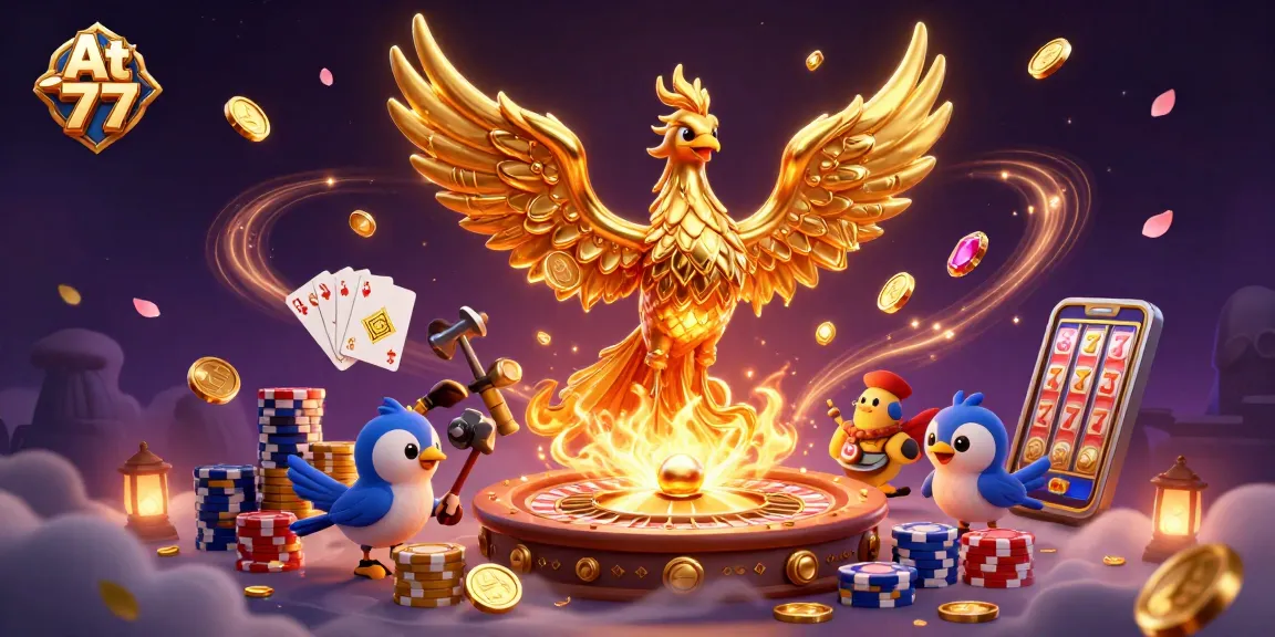 Spin and win at At 77 with a spectacular golden phoenix amidst cascading coins and dazzling gems.