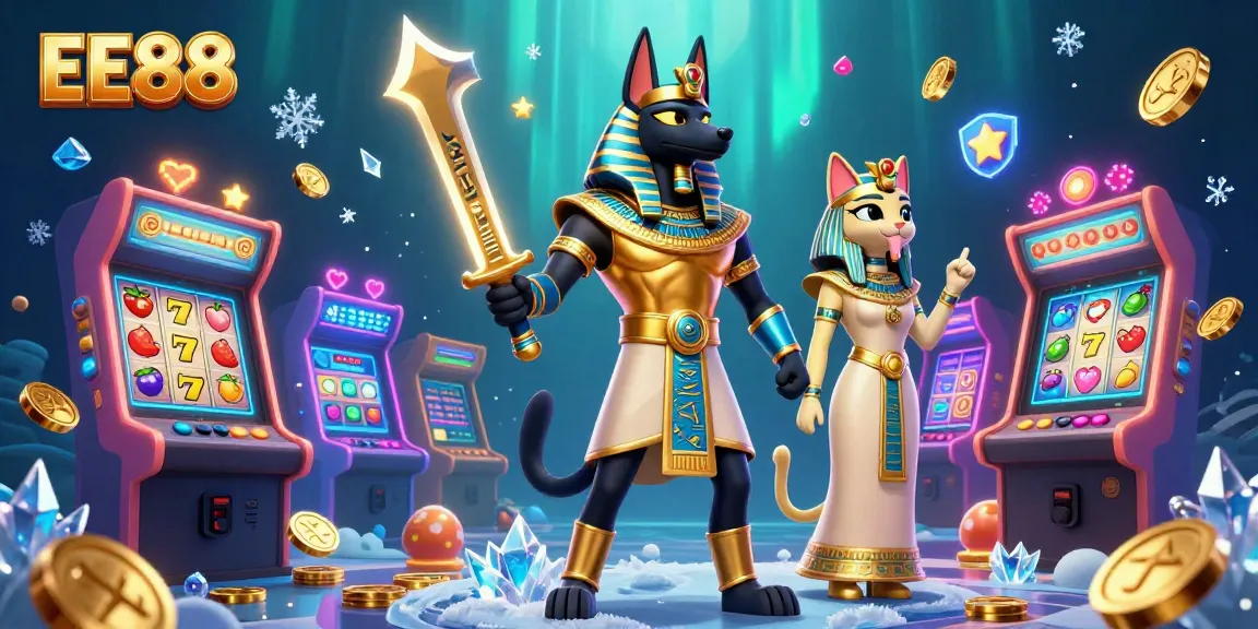 Engage with EE88's vibrant slot action, featuring Anubis and Bastet amid dazzling casino elements.
