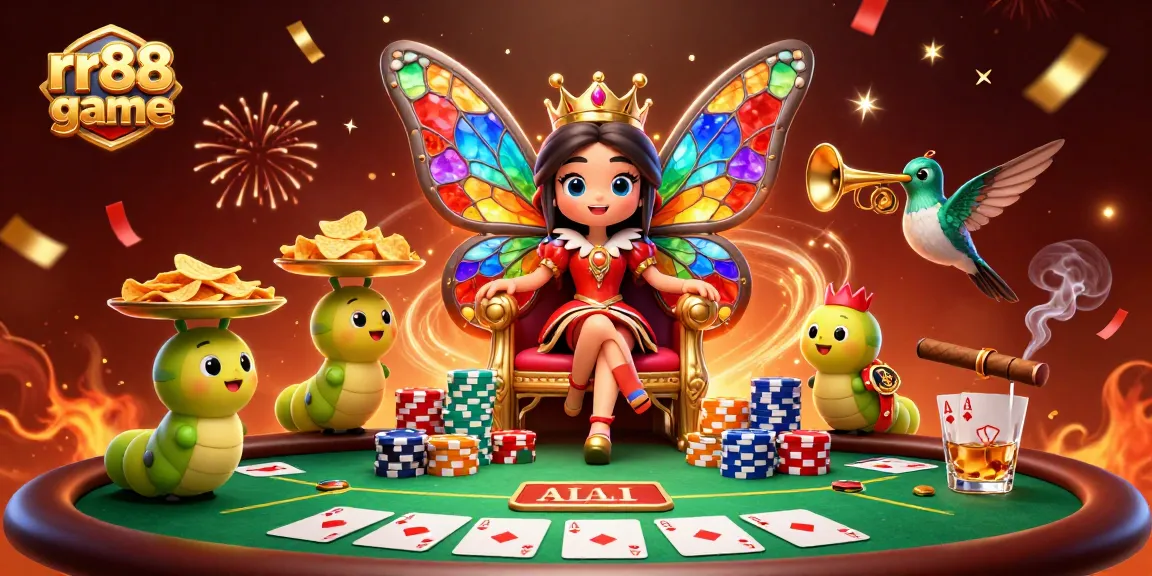 Experience thrill with rr88 game as the butterfly queen reigns in a lavish casino scene.