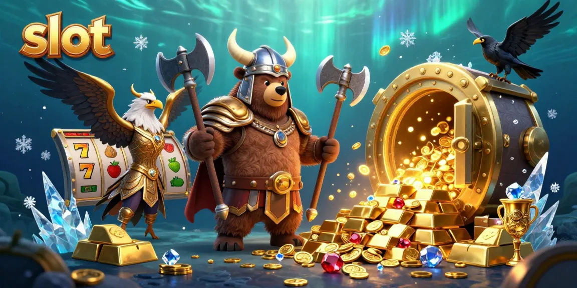 Spin to win at the slot with Viking warriors and treasures bursting forth from a golden vault.